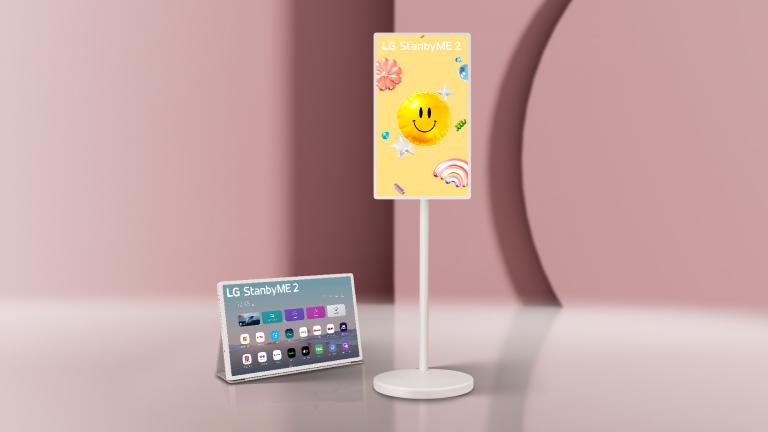 An LG StandbyME 2 on a stand and detached version appear side-by-side on pink background.