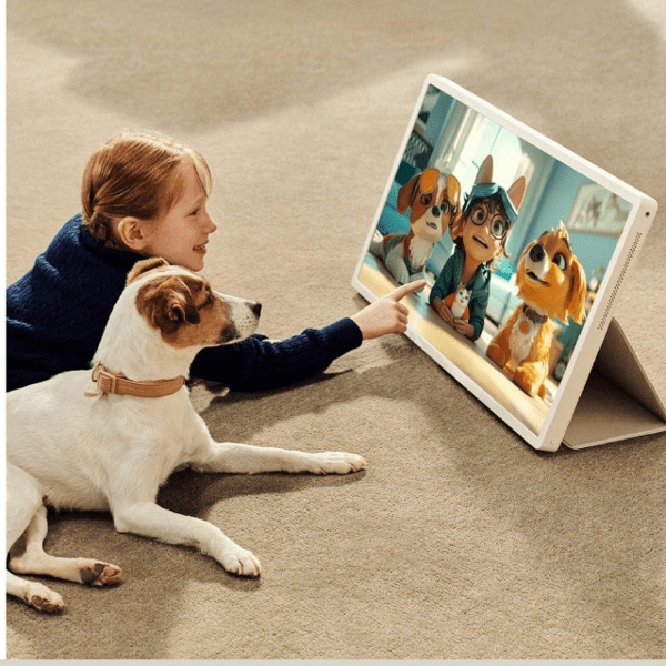 A young girl lying on a carpet smiling and pointing next to a dog, both watching an animated movie on a large StandbyME 2 screen propped up on a stand. The screen shows three animated characters—two dogs and a child.