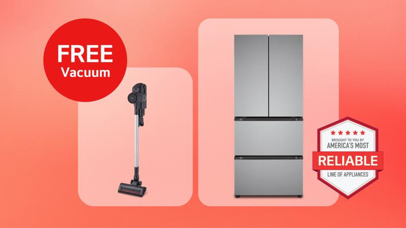 An LG Specialty Refrigerator beside a CordZero™ vacuum. “Free vacuum” text appears above. 