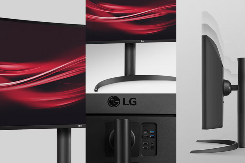 Collage of a curved LG monitor showing front, back, and side views.
