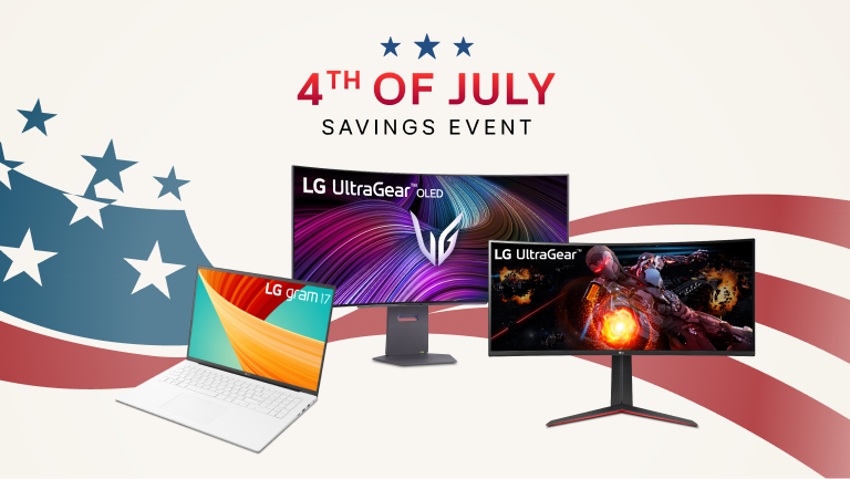 “4th of July Savings Event” title badge. A group of LG laptops and monitors in a stars and stripes background.