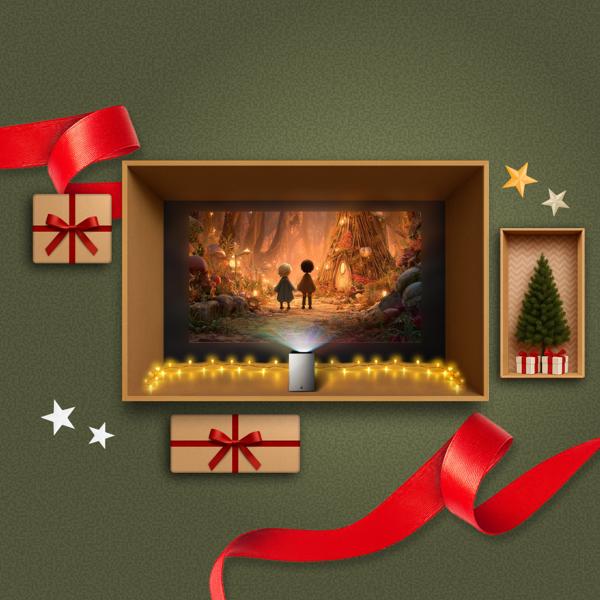 An LG CineBeam S projector displays a vivid movie scene within a gift box design, surrounded by various holiday-themed items in a collage layout.