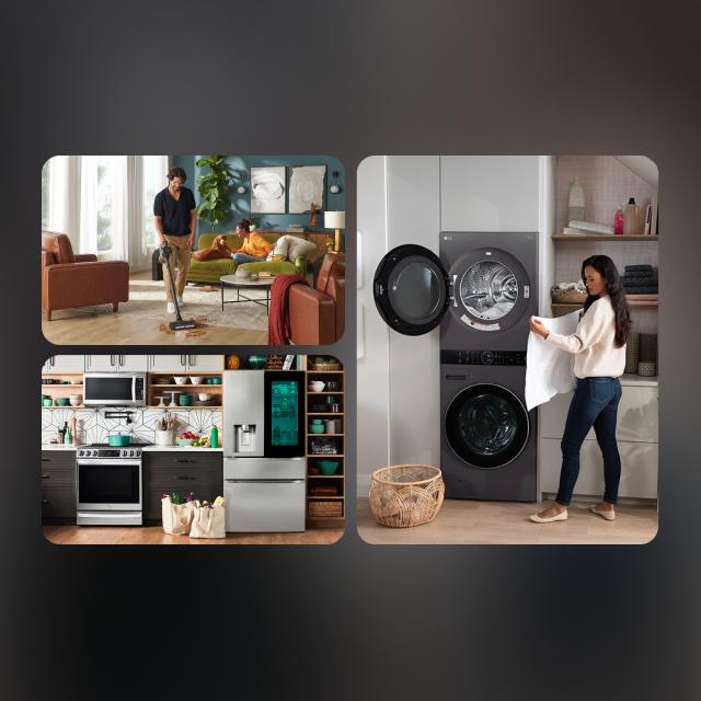 Various household scenes in collage form including a man vacuuming, a woman unloading laundry, and various LG appliances in kitchen setting. 