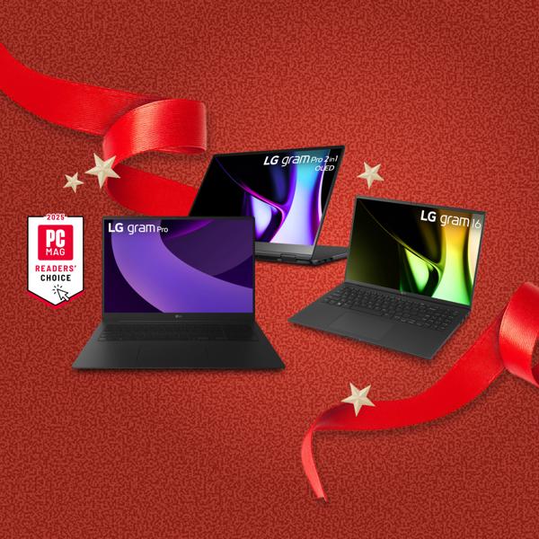 “It’s Gift Season” tag. Various LG laptops and holiday-themed items appear on a gift box collage layout. “2025 PC MAG Readers’ Choice” badge. 
