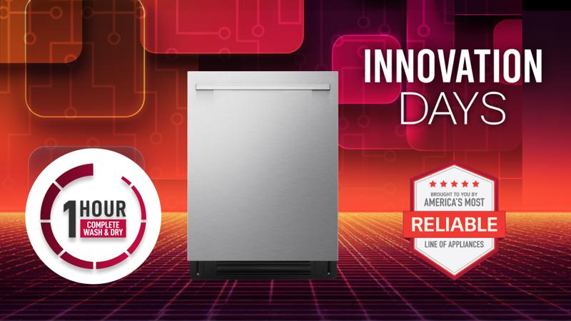 “Innovation days” title badge. A dishwasher appears on a red background. “America’s Most Reliable Line of Home appliances” badge.