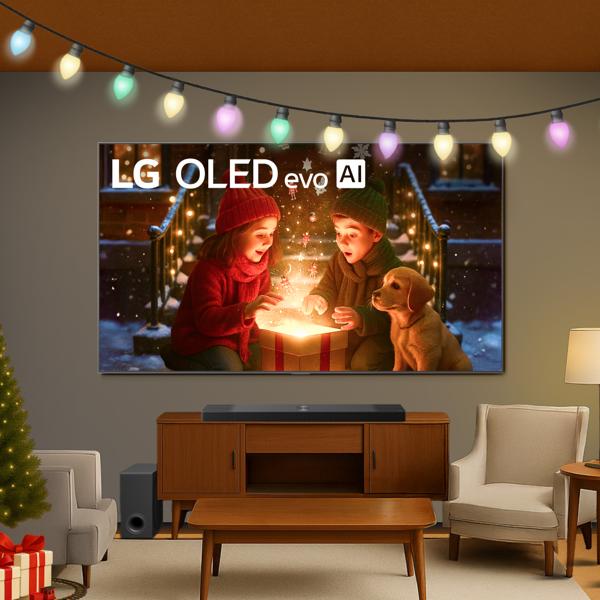 An LG OLED evo AI TV with a holiday scene on the screen is mounted to the wall of a modern living room decorated for the holidays.