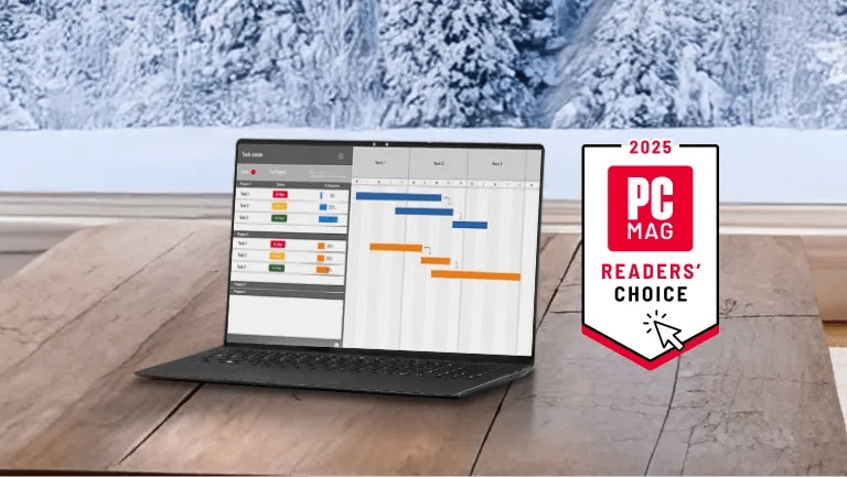 LG gram laptop on a coffee table in stylish living room setting. “2025 PC MAG Readers’ Choice” badge.