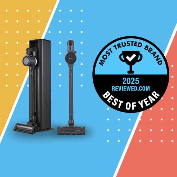 A graphic background is split in three parts—yellow, blue and red. LG cordless vacuums are displayed next to a badge that says “Most Trusted Brand 2025 Reviewed.com Best of Year”