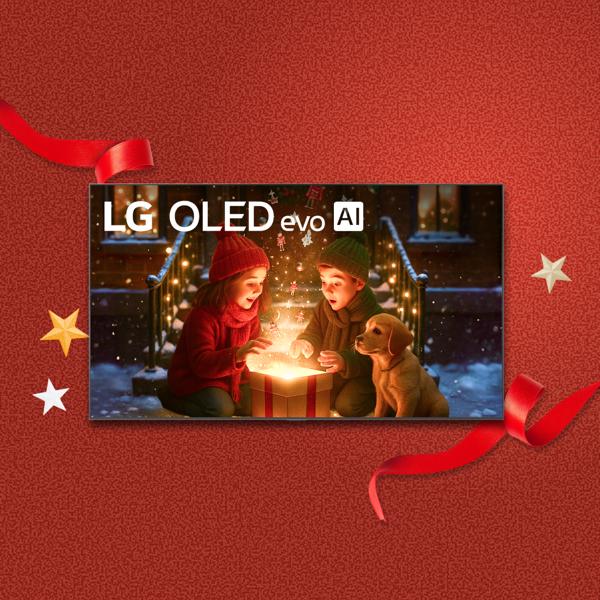 “It’s gift season” badge. Opened and unopened gift boxes appear in a cluster. Various boxes display LG OLED TV