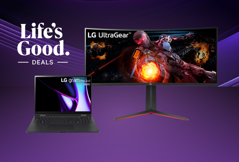 A LG UltraGear monitor and a LG Gram laptop display with the phrase "life's good deals". 