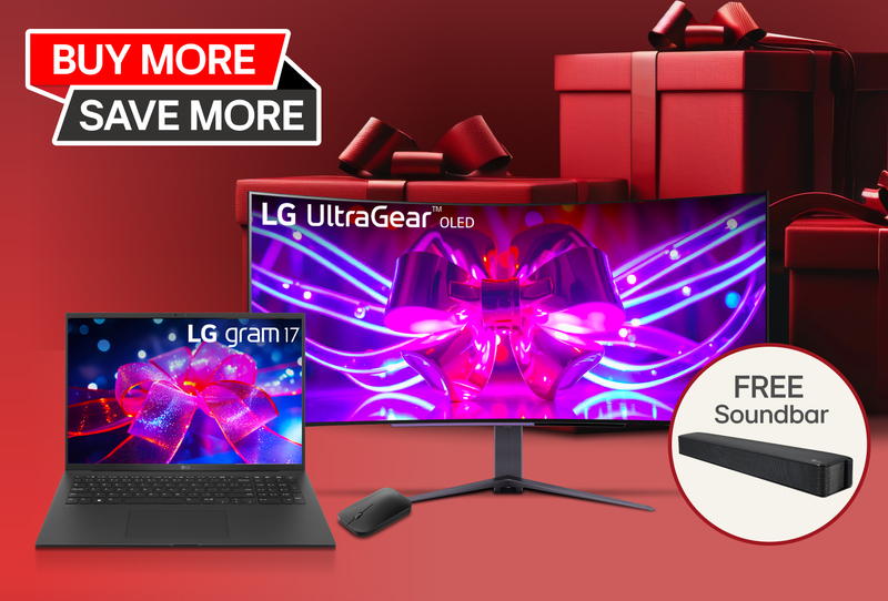 Red holiday-themed banner featuring LG products with the text 'BUY MORE SAVE MORE.' Highlights include an LG Gram 17 laptop and an LG UltraGear OLED monitor, adorned with festive ribbons. Offers at the bottom include 'Save up to $500,' 'Buy 2 get an extra 5% off,' 'Buy 3+ get 10% off,' and 'Buy 2+ laptops or monitors get a FREE soundbar.' Gift boxes are visible in the background.