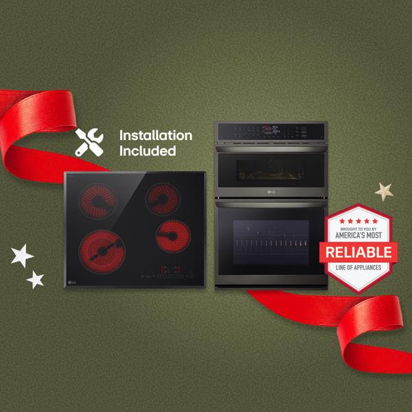 “It’s Gift Season” tag. An LG Wall Oven and Cooktop appear in stylish kitchen setting in gift box design. Another box shows top view of a cooktop. “Installation Included” text. “America’s Most Reliable Line of Home Appliances” badge. 