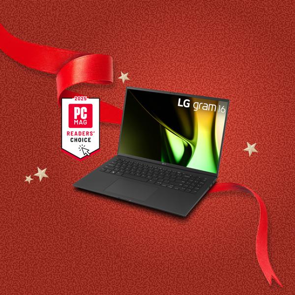 “It’s Gift Season” tag. LG gram and various holiday-related items appear in a gift box collage layout. “2025 PC MAG Readers’ Choice” badge.