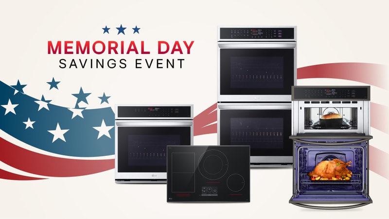 Memorial Day Savings Event" title badge. A group of cooking appliances on a stars and stripes background.