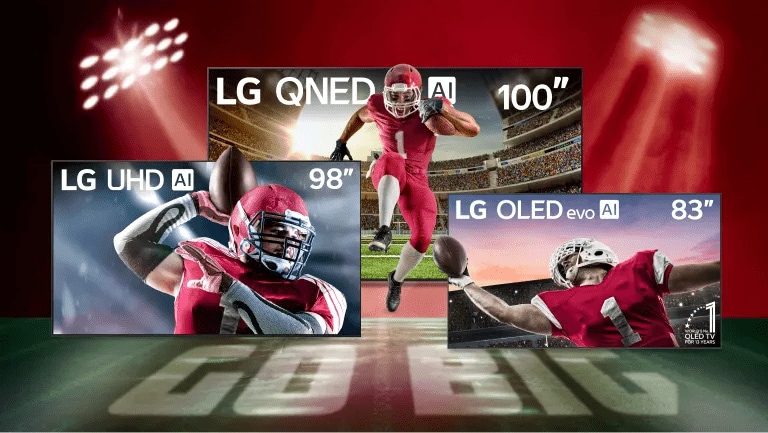 LG OLED, QNED and UHD TV appear on football field backdrop. “GO BIG” text appears below.