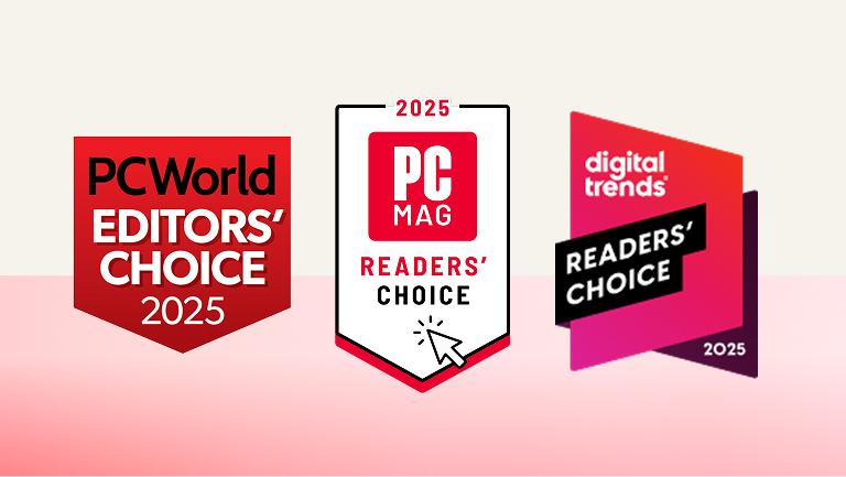 “PCWorld Editors’ Choice 2025”, “2025 PC MAG Readers’ Choice” and “Digital Trends Readers’ Choice 2025” badges. 