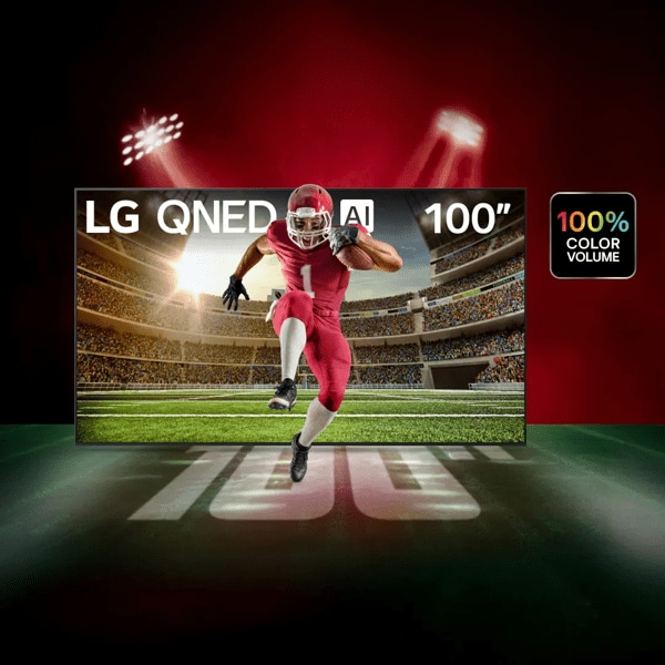 LG QNED TV on football field backdrop. Football player runs forward through TV screen. “100% Color Volume” badge. “100”” text below.