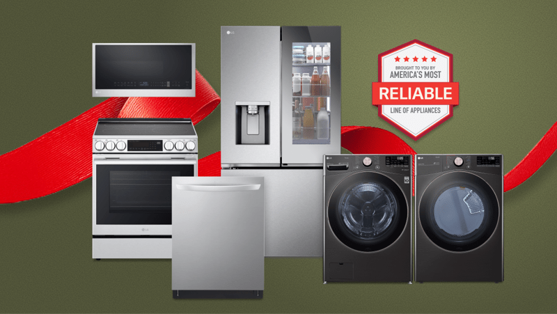 Various holiday-themed items and LG home appliances appear. “America’s Most Reliable Line of Home Appliances” badge.