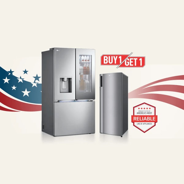 2 fridges appear side-by-side. “Buy 1, Get 1” badge above. “America’s Most Reliable Line of Home Appliances” badge below. 
