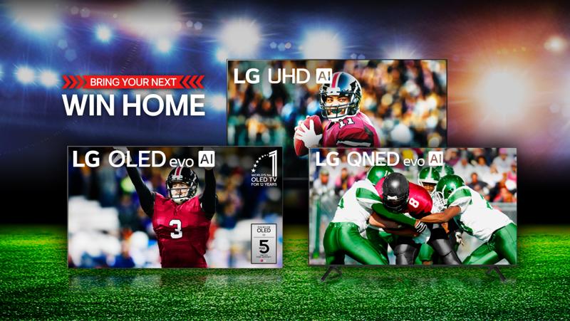 “Bring your next win home” title badge. A group of LG TVs on a football field backdrop. Football scenes appear on TV screens.