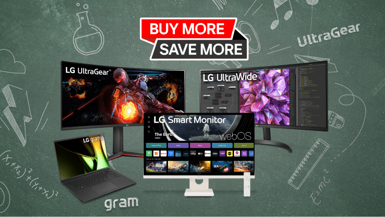 A group of LG laptops and monitors appear on a school-themed blackboard graphic. 