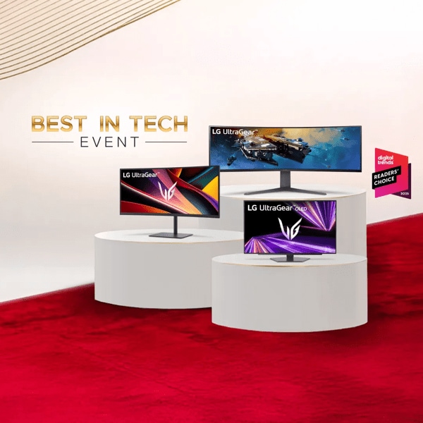“Best in Tech Event” title badge. A group of various LG monitors on a red carpet. “Digital Trends Readers’ Choice 2025” badge.