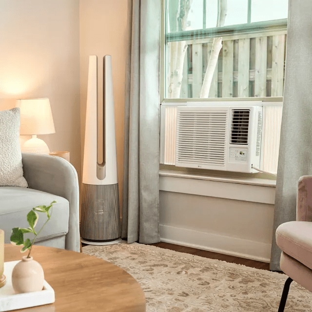 An LG air purifier and air conditioner appear in a living room setting.
