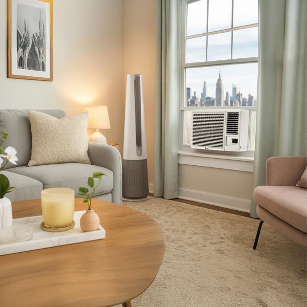 An LG window AC and air purifier appear in a bright living room setting.