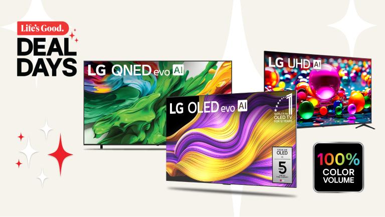 “Life’s Good Deal Days” title  badge. An OLED, QNED and UHD TV on a white background. “100% color volume” badge.