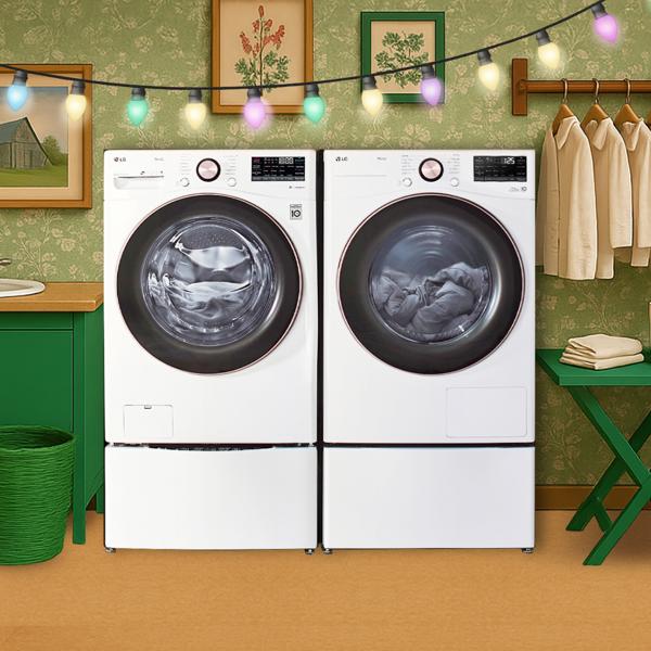 An LG front-load washer and dryer set in a green laundry room with holiday lights.