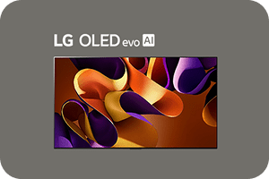 LG OLED TV with an orange and purple abstract shape on the screen.