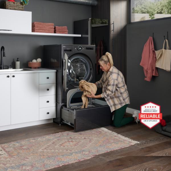 A woman unloads laundry from her pedestal washer, situated directly below an LG WashCombo. Various close-ups of the SideKick Pedestal Washer and WashCombo. “America’s Most Reliable Line of Home Appliances” badge.
