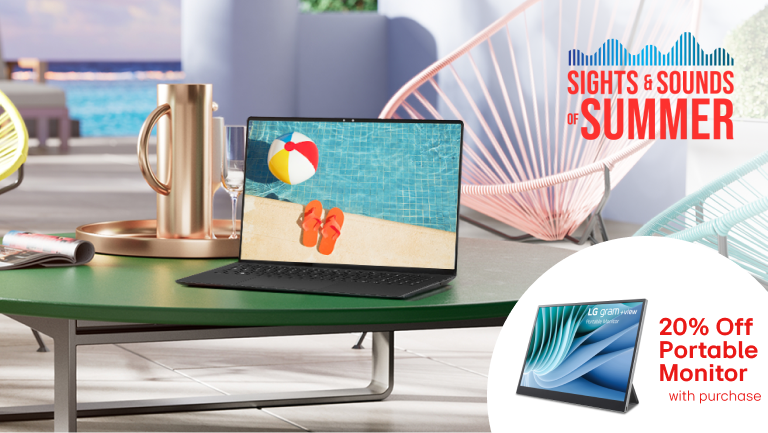 “Sights and sounds of summer” title . LG gram laptop on a poolside table. “”20% off portable monitor” pop-out text.