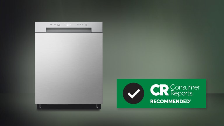 An LG dishwasher next to a Consumer Reports 2025 Best Brand badge