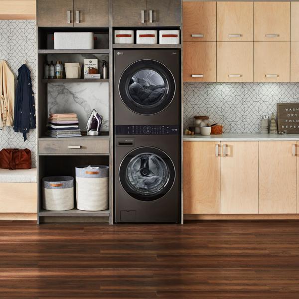 AN LG iWashTower in a stylish laundry room setting.