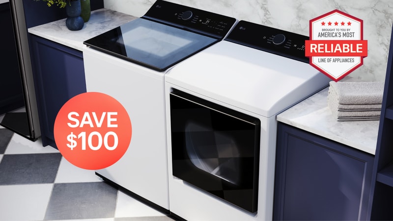 A dryer and top load washer appear side-by-side in a laundry room setting. A graphic appears above the appliances reading “Save $100”. An “America’s Most Reliable Line of Home Appliances” badge appears on the top right corner. 