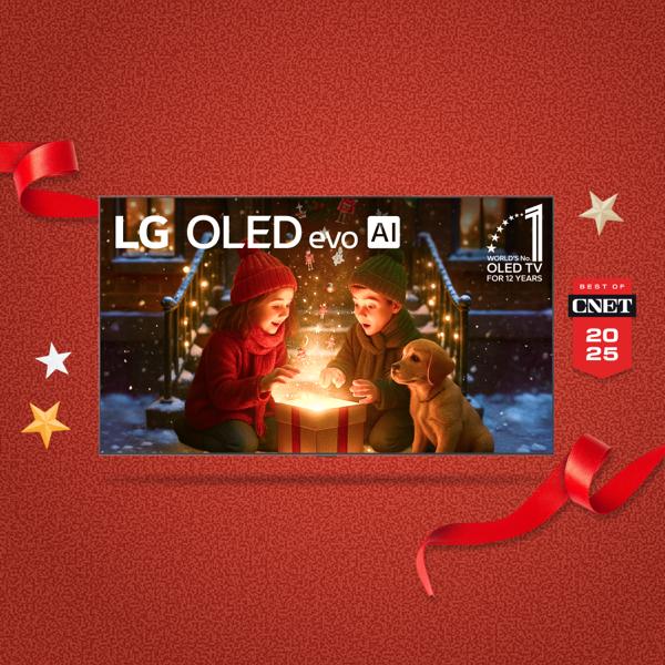 “It’s gift season” badge. Opened and unopened gift boxes appear in a cluster. Center box displays LG OLED TV. “Best of CNET 2025” badge.