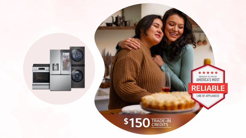 Image of appliances in a bubble next to picture of mother and daughter
