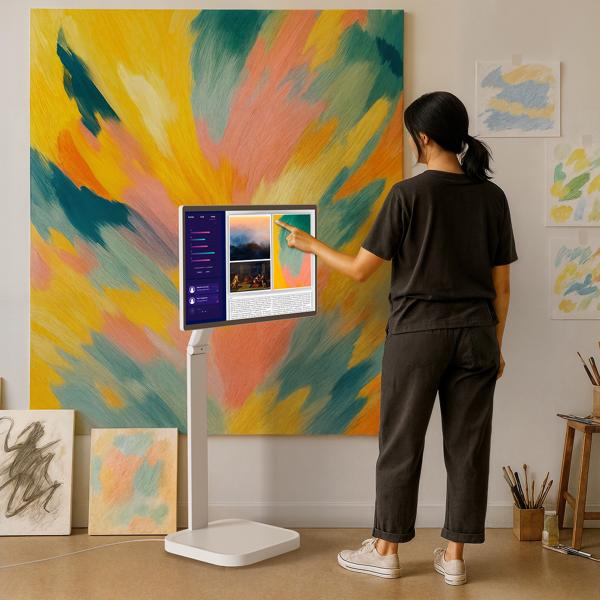 The LG 32 Inch 4K UHD IPS Touchscreen Smart Monitor Swing standing upright and being used by a woman in her art studio.