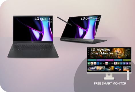 An LG Gram notebook paired with free smart monitors, illustrating an efficient and stylish office environment.