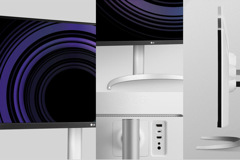 Composite view of an LG monitor showing the front, back, and side profiles.