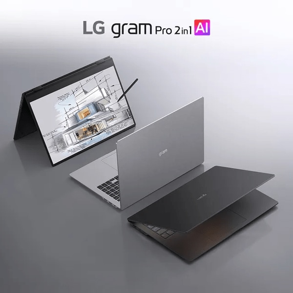 LG gram Pro 2-in-1 AI convertible laptop shown in laptop and tablet positions against a gray gradient background.