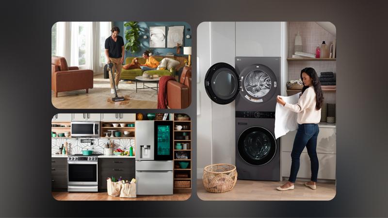 Various household scenes in collage form including a man vacuuming, a woman unloading laundry, and various LG appliances in kitchen setting. 
