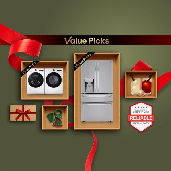 “It’s Gift Season” tag. “Value Picks” title badge. Various kitchen and laundry appliances and holiday-themed items appear in a gift box collage layout. “America’s Most Reliable Line of Home Appliances” badge.
