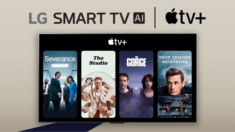 “LG Smart TV AI” and “Apple TV Plus” title badge. A TV screen appears on a tan background. Within the infill of the TV are various title cards from popular Apple TV Plus series, including Severance, The Gorge, The Studio, and Your Friends & Neighbors.