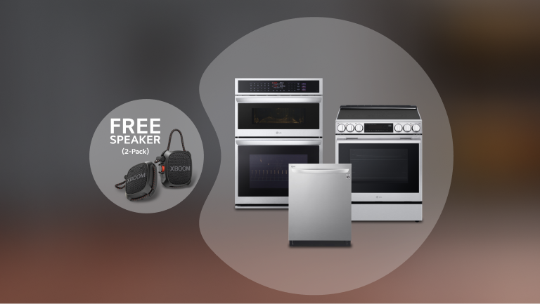 A promotional image for a 2-pack of XBOOM speakers with LG Kitchen Appliance (Oven, Stove, and Dishwasher), featuring the text "FREE SPEAKER (2-Pack)" prominently displayed.