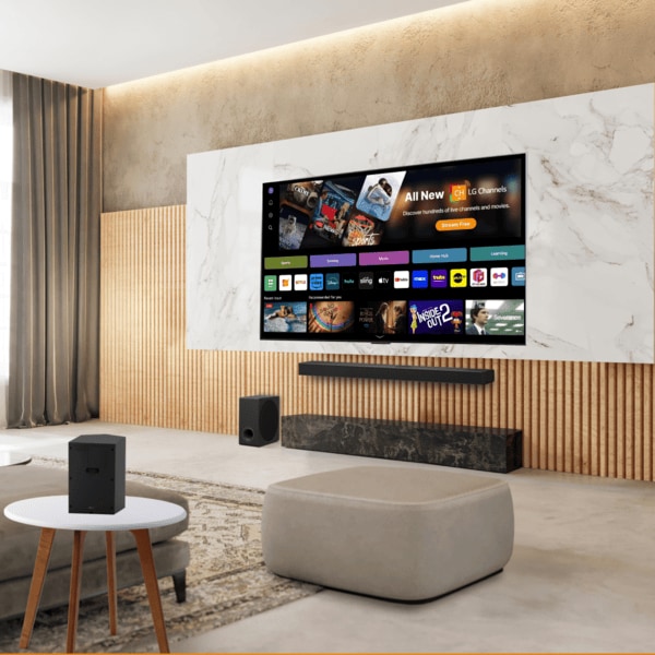 An LG soundbar appears below an LG TV in stylish living room setting.
