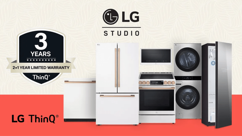 “LG STUDIO” logo. A lineup of LG STUDIO appliances, including a Styler Steam closet, WashTower, range, microwave, refrigerator and dishwasher on orange and tan background. “3 Years ThinQ: 2+1 Year Limited Warranty” badge.