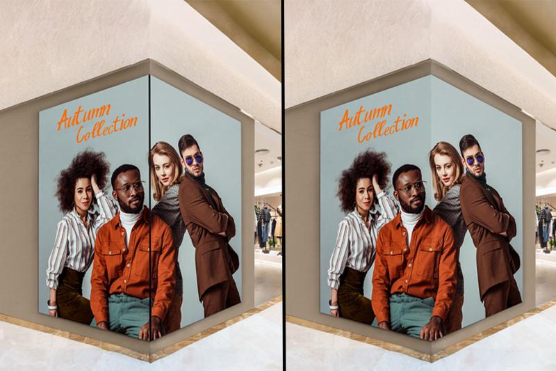 Fashion advertisement for the "Autumn Collection" featuring three models against a light blue background. The left advertisement is segmented at the apex of the corner, while the advertisement on the right is unobstructed