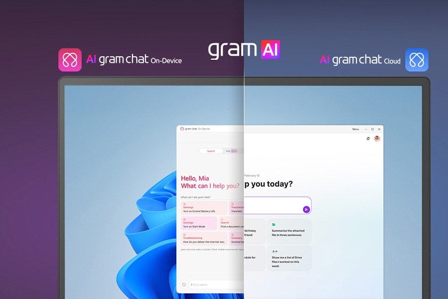Split-screen of "AI gram chat" On-Device and Cloud modes on a computer monitor.